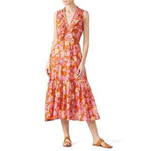 Warm Sierra Midi Dress Women's Size 3 Pink Orange Floral Ruffle Sleeveless RTR